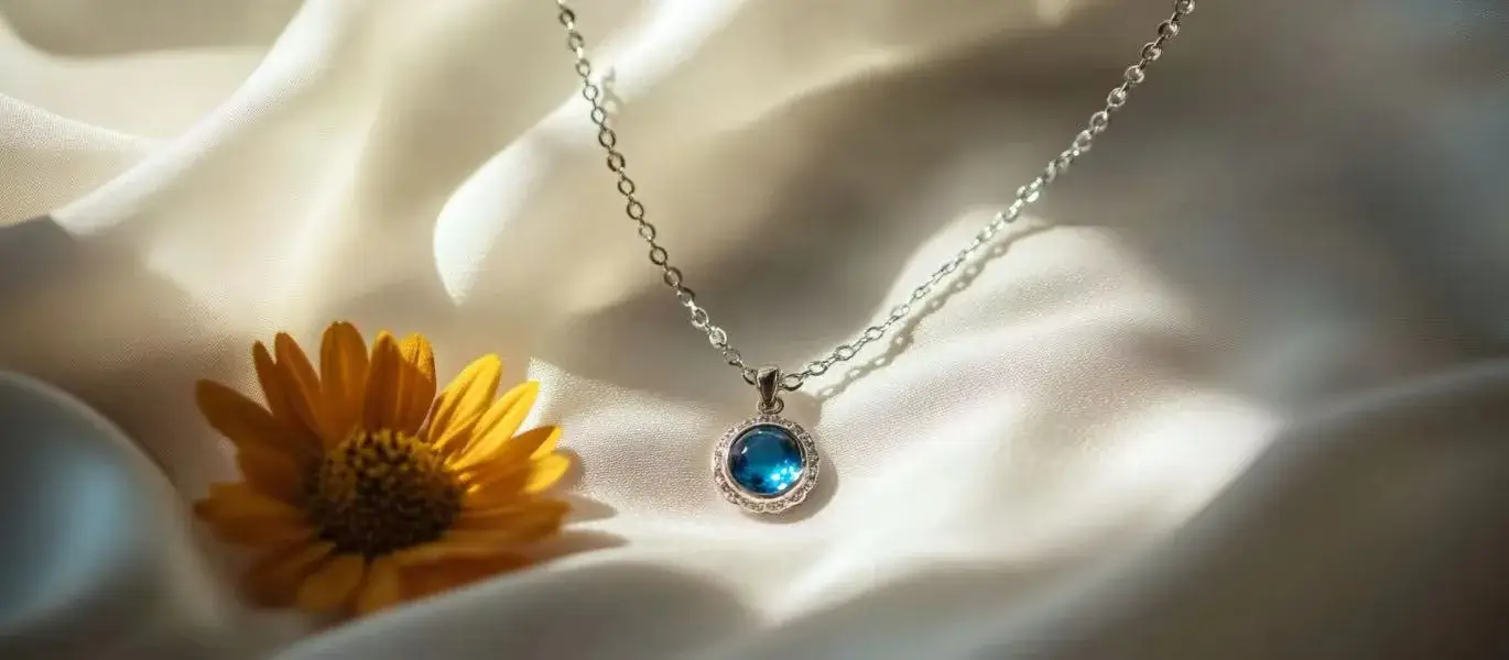 Elegant Silver Necklace with Blue Zircon on White Silk