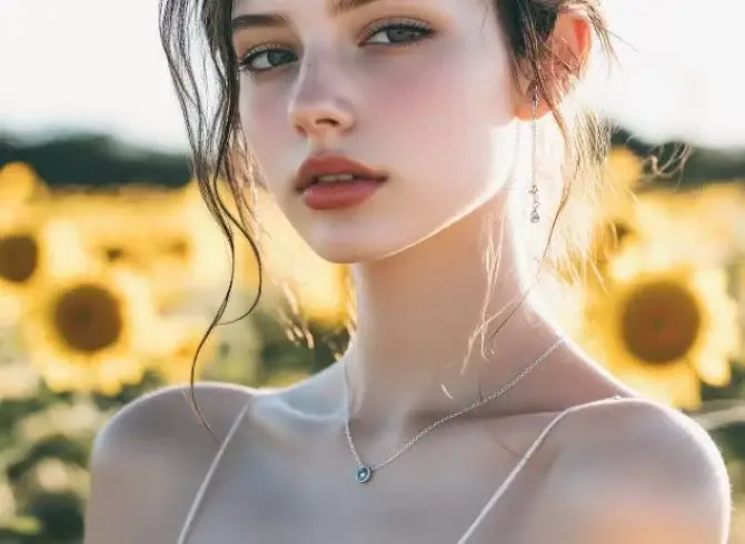 Female Model Wearing Silver Necklace and Long Drop Earrings in Sunflower Field