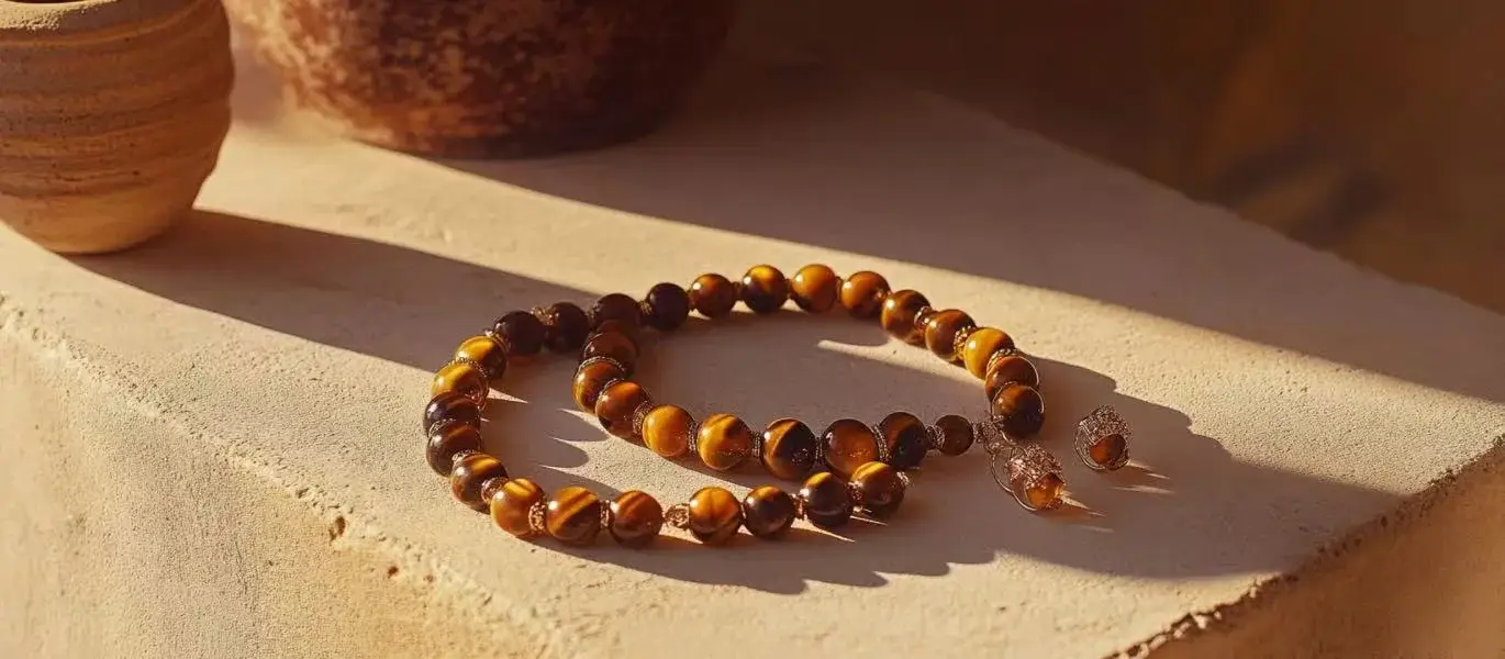 Tiger's Eye Jewelry on Plaster Base with Beige Background
