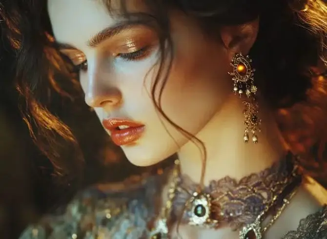 Female model in vintage clothing wearing Tiger's Eye earrings and necklace