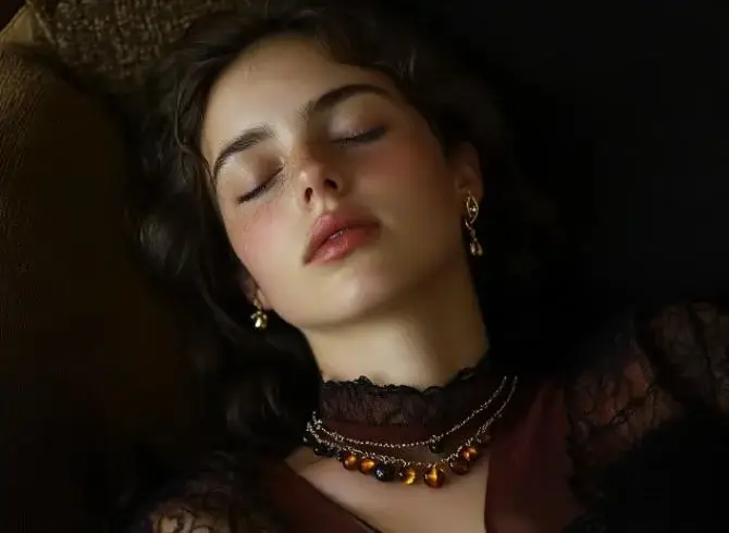 Female model wearing Tiger's Eye earrings and necklace, relaxing on a dark brown sofa