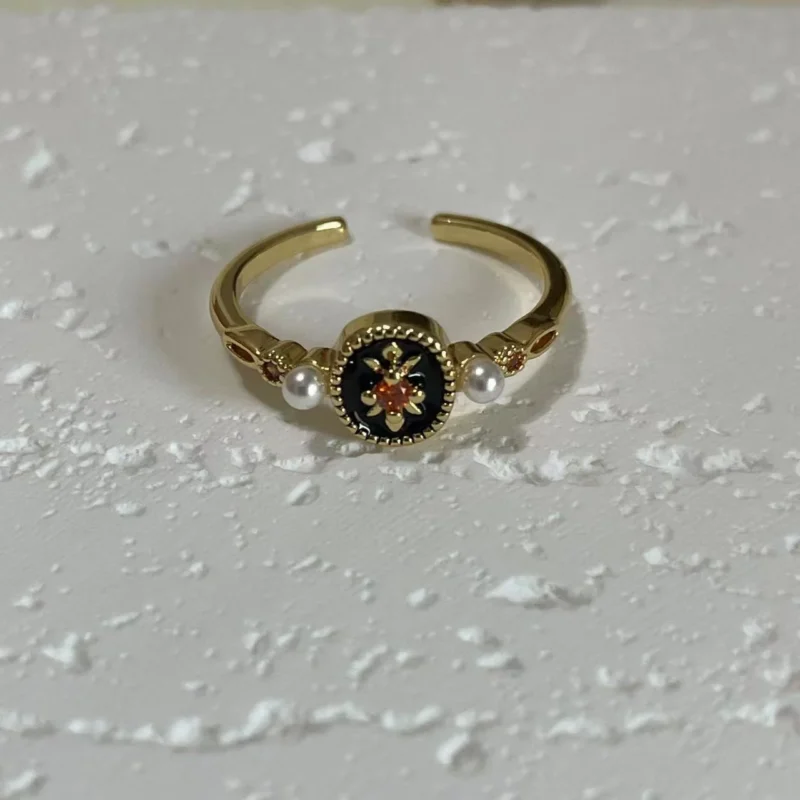 14K Vintage Black Iris Enamel Open Ring on white base