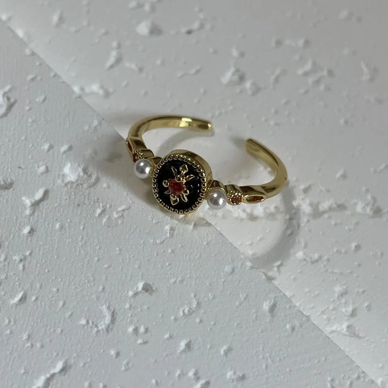 14K Vintage Black Iris Enamel Open Ring Tilted on White Base 14K Vintage Black Iris Enamel Open Ring tilted on white base