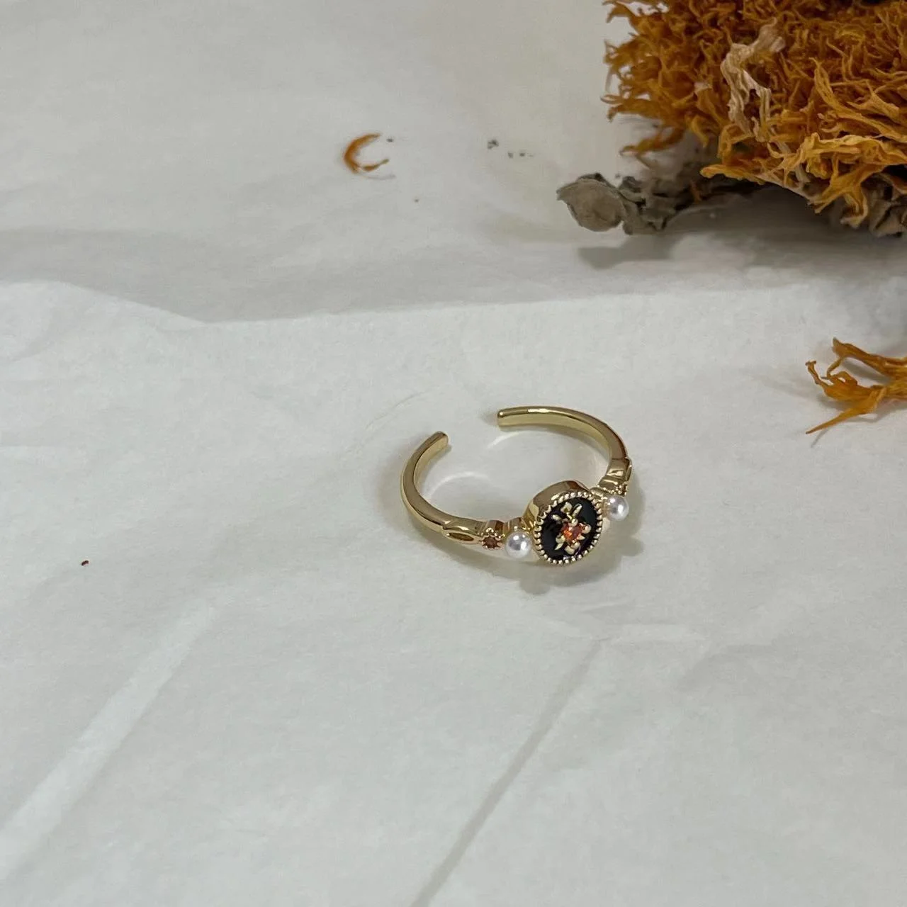 14K Vintage Black Iris Enamel Open Ring with Sunflower on Fabric 14K Vintage Black Iris Enamel Open Ring on fabric with dried sunflower