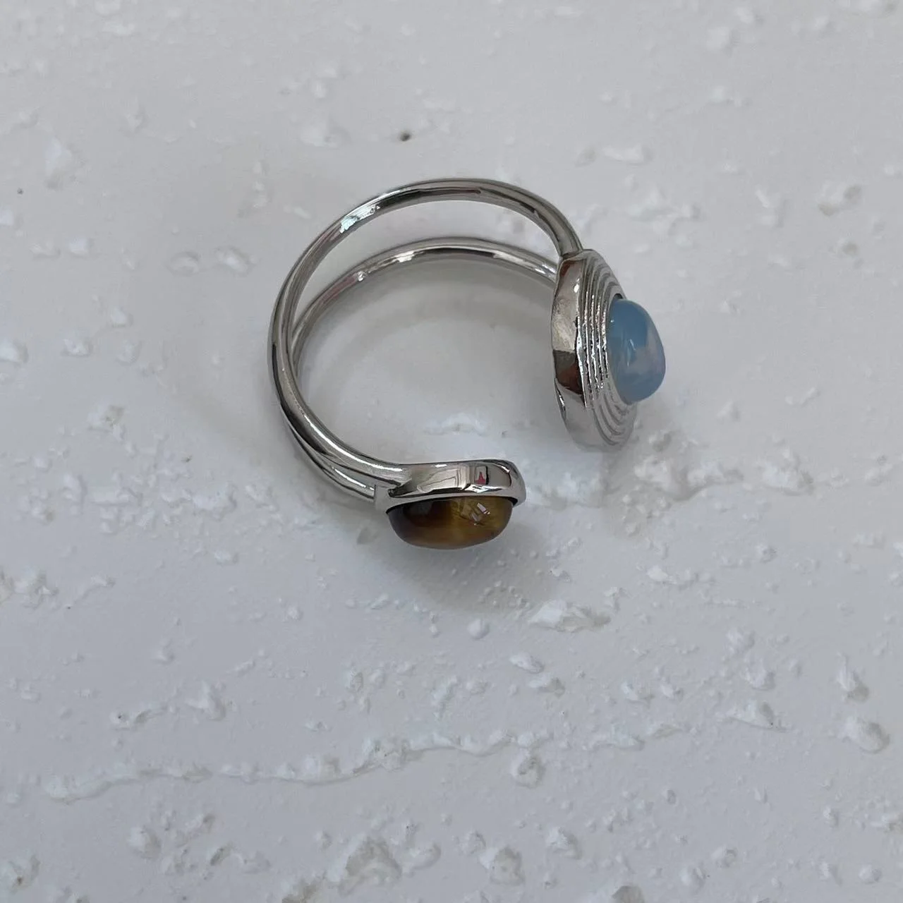 Varying images of Platinum-Plated Tiger Eye Dual Stone Open Ring