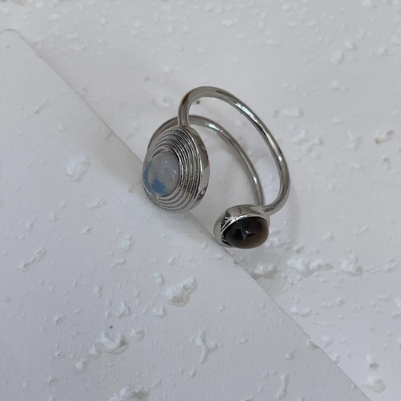 Varying images of Platinum-Plated Tiger Eye Dual Stone Open Ring