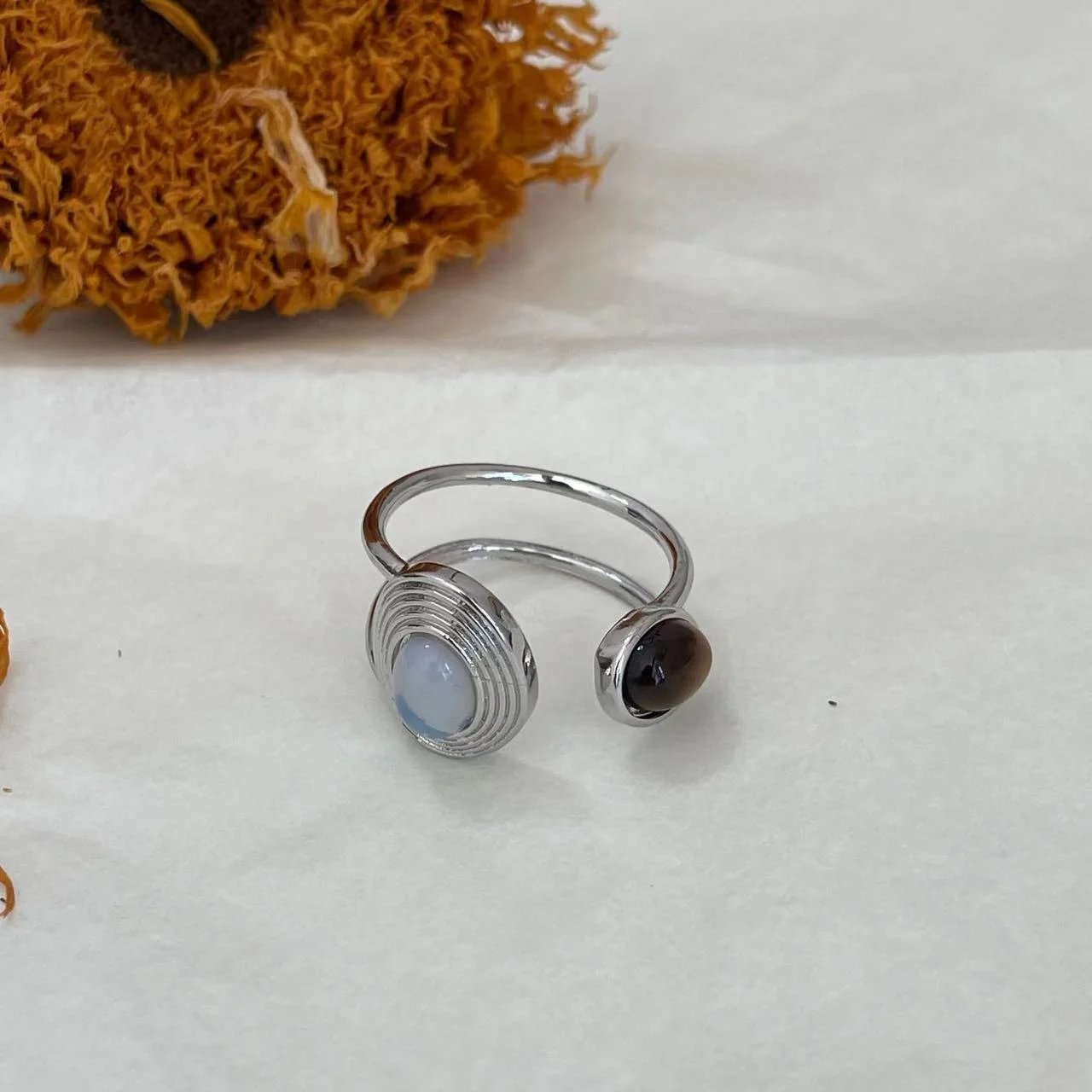 Varying images of Platinum-Plated Tiger Eye Dual Stone Open Ring