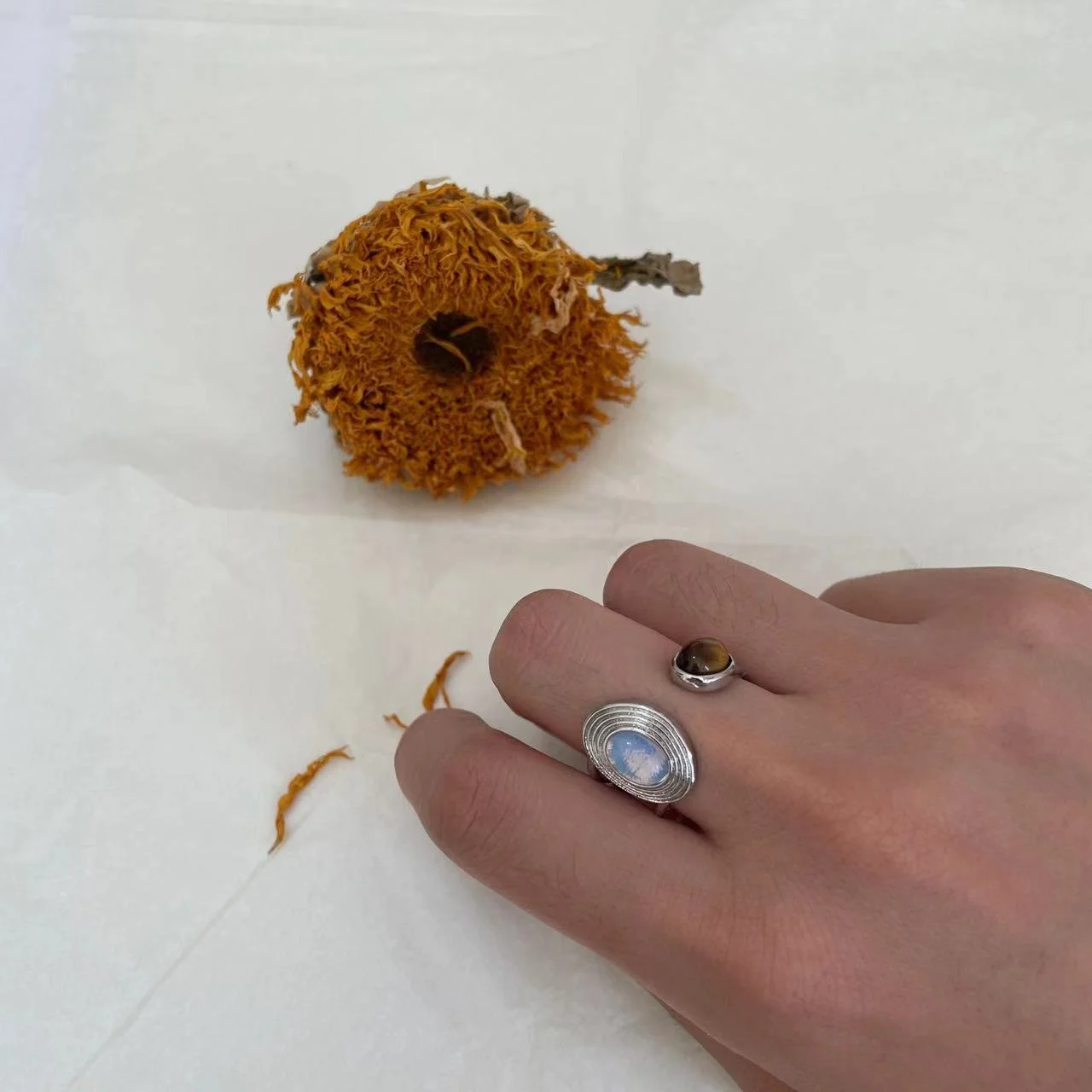 Varying images of Platinum-Plated Tiger Eye Dual Stone Open Ring